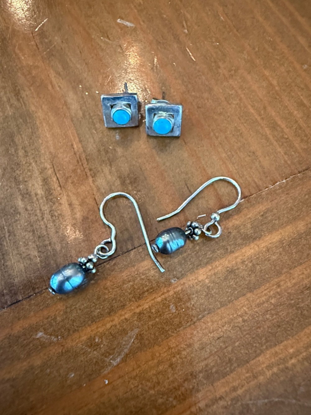 Sterling Silver dark pearl  Drop Earrings and Turquoise Studs.